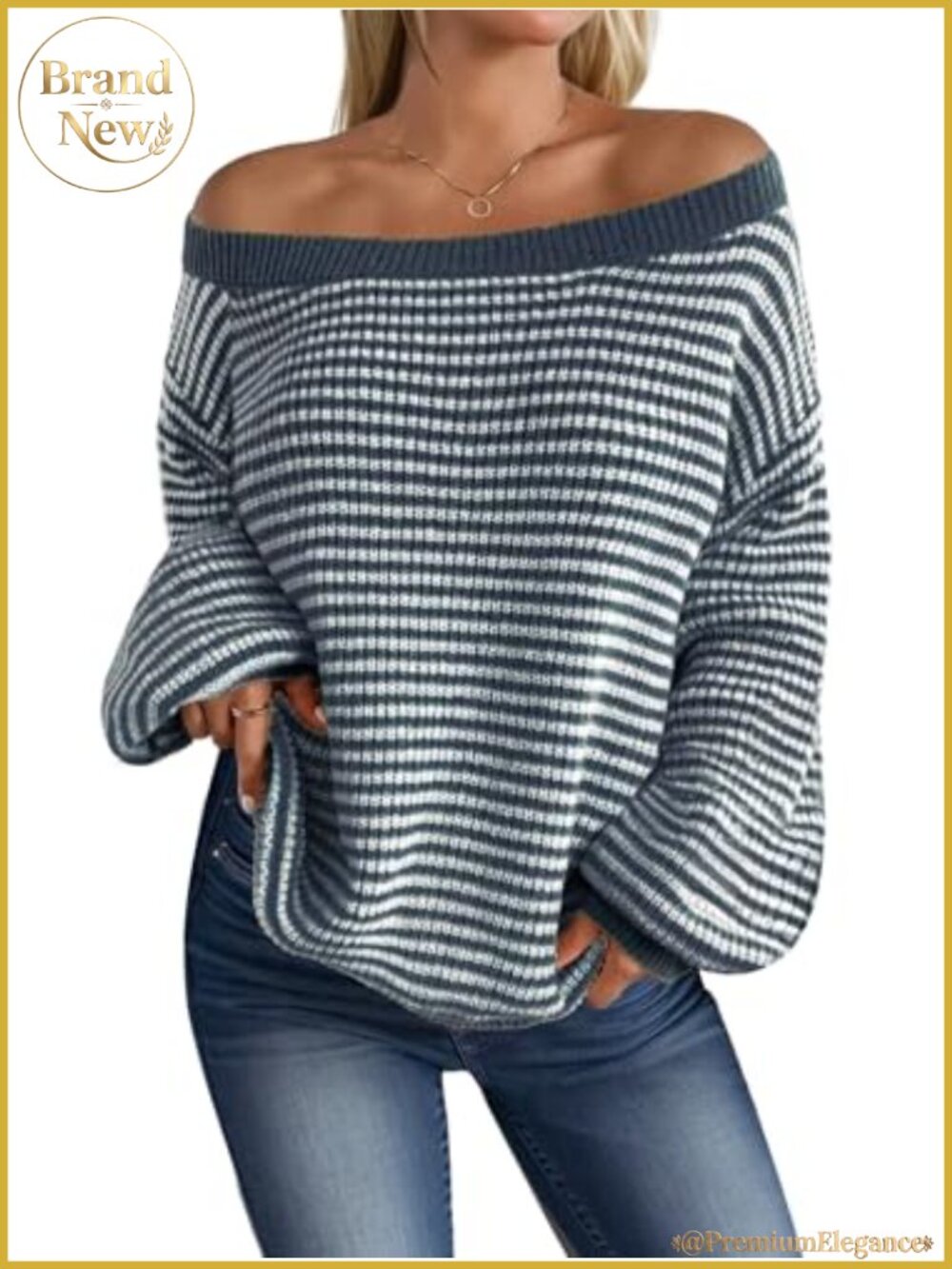 Women's Off Shoulder Striped Knit Pullover Sweater